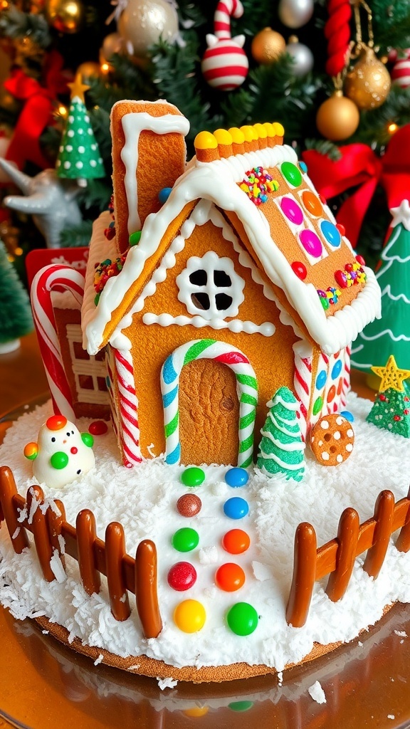 A decorated gingerbread house with candies and icing, surrounded by festive holiday decor.